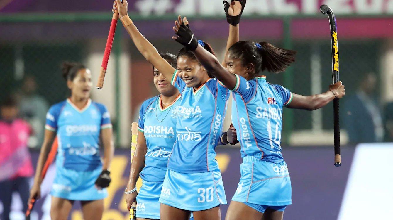 Indian girls celebrate a goal WACT Ranchi