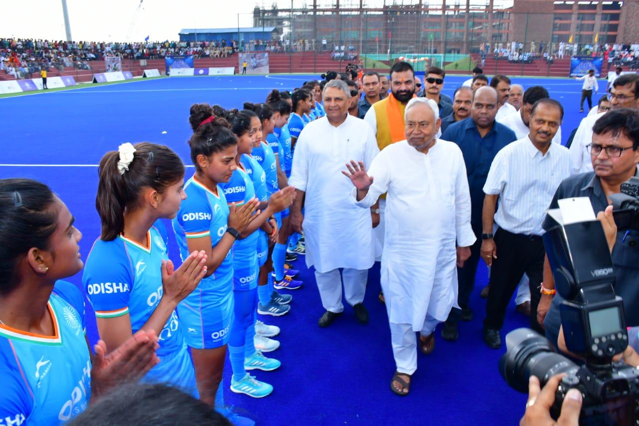 Bihar Chief Minister Nitish Kumar meeting Indian women's teams at Rajgir